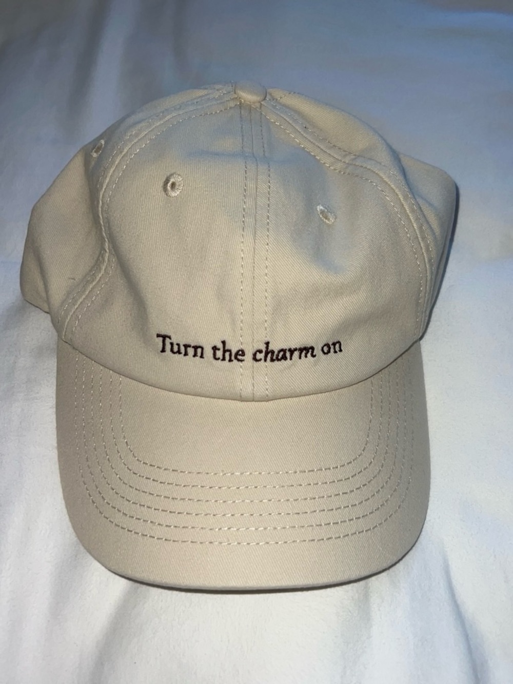 Beige Embroidered 'Turn the charm on' Baseball Cap